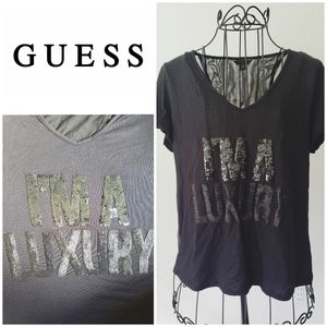 Guess Short Sleeve V Neck Tee with Sheer Back